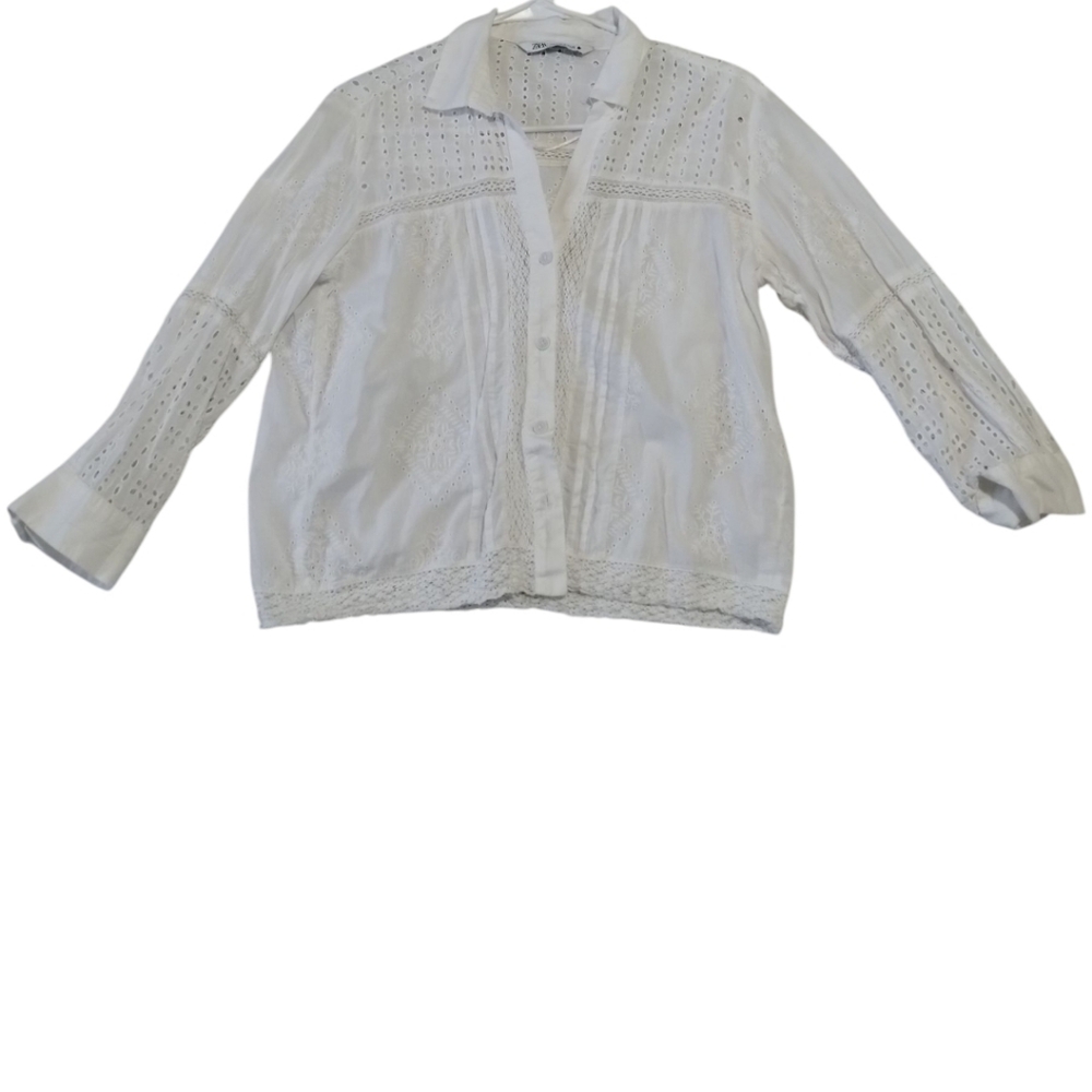 Zara Women's S Blouse Button Front Long Sleeve Embroidered Eyelet Boho Peasant
